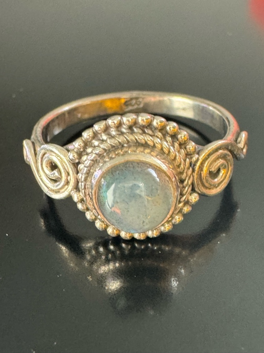 Sterling Silver Labradorite Ring - Artisan Scrollwork - Size 6.75